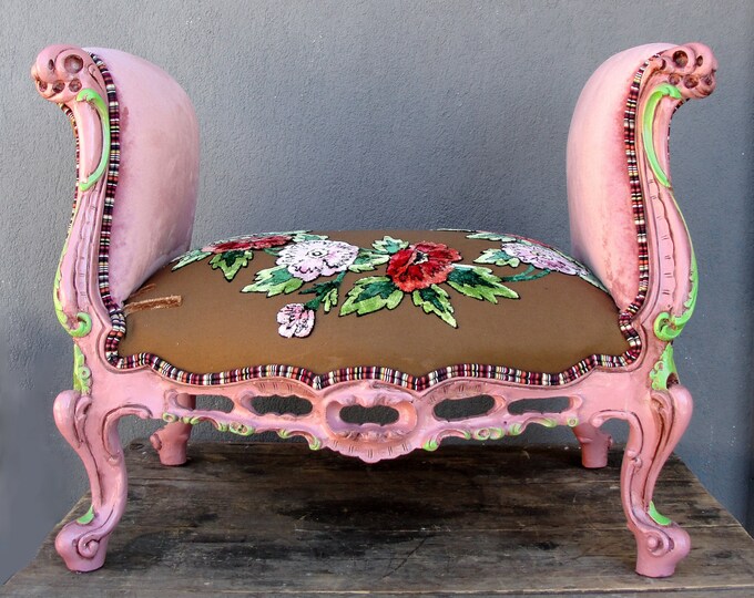 Floral Bench Bohemian Vanity Chair Embroidered Flower Power Vanity