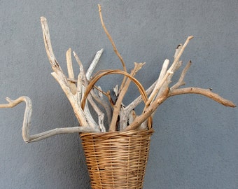 Natural Driftwood Sticks in Vintage Basket, Beach Home Decor, Driftwood Decor, lot of 15
