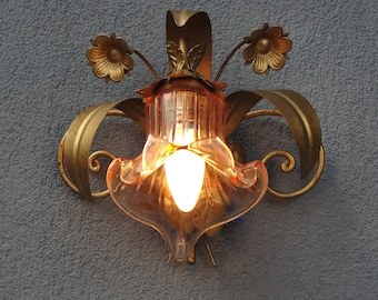 One Flower Wall Sconce, Lamp, Brass Wall Light,  Flower with Leaves Sconce,  Lighting, Vintage Brass Decor, Vintage 1970's