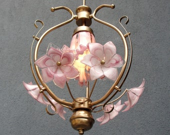Rare Pink Glass Floral Lamp, Murano Glass chandelier, Ceiling Light, Chandelier Lamp,  Vintage Handmade Glass Lamp 1970s