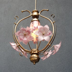 Seltene rosa Glas Floral Lampe, Murano Glas Kronleuchter, Deckenleuchte, Kronleuchter Lampe, Vintage handgefertigte Glaslampe 1970er Jahre