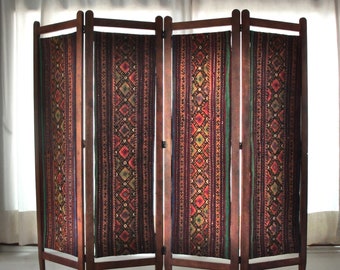 Kilim Room Divider, Tapestry Privacy Screen, Four Paneled Screen Divider, Bohemian Geometric Furniture, Art Deco Woodwork, Global Textile