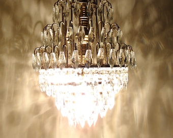 Vintage Crystal Chandelier 1950s Crystal Ceiling Light, Crystal Brass Chandelier Pendant Light Lamp, Vintage,  Lighting, Vintage 1950s