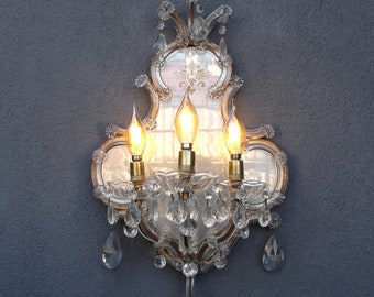 Venetian Crystal Chandelier Wall sconce with Mirror, Brass Wall Sconce With crustals and glass, Mirrored Lamp, Lighting, Vintage 1930s