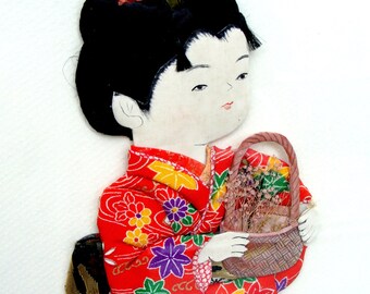 Vintage Japanese Oshie Fiber arts Silk picture, Hand made Kurumie Washi Art Japan, Japanese Art, Framed Art Work Vintage  1970s