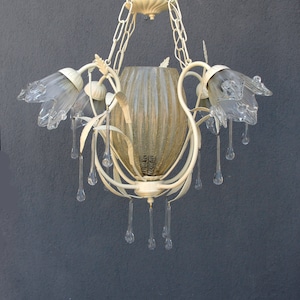 Glas Blumen Lampe, Blätter, Blumen Tautropfen Kronleuchter, Deckenleuchte, Kronleuchter Lampe, Vintage Cottage ChicLamp 1970er Jahre