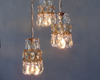 Crystal Chandelier Triple Swag Crystal Ceiling Light, Crystal Trio Chandelier Pendant Light Lamp, Vintage,  Lighting, Vintage 1960s