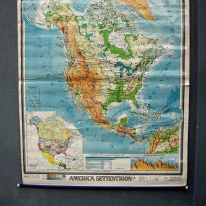 Vintage Nord America, Messico e Canada Mappa scolastica Pull Down Mappa Made in Italy 1950 Geografia