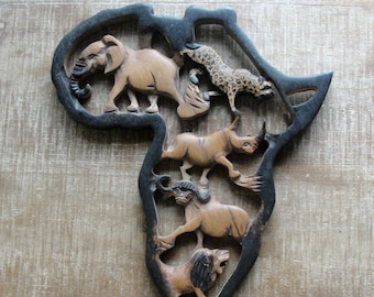 Hand Carved Wooden Africa Map, Continent of Africa, Native Animals, Rhino, Lion, Elephant, , Figurative Carving, African Wooden Art 1970s