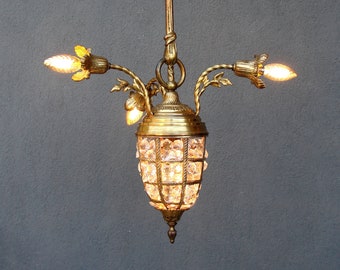 Art Nouveau Lamp, Kristallen Kroonluchter, Messing Floral kroonluchter, Plafond licht, Kroonluchter Lamp, Vintage Koloniale Lamp 1930s