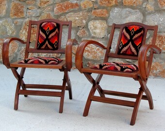 Art Deco Chairs, Two Foldable chairs Bohemian Geometric Folding Chairs, Woodwork Bohemian Furniture Vintage Embroidery, Global Textile