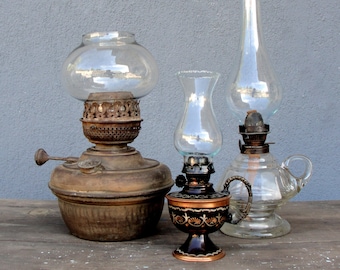 Copper Oil Lamp, Vintage Oil Lamp, Glass and Copper Gas lamp, Vintage Lighting, Lamp 1940s - 1950s