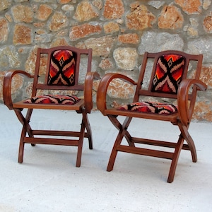 Art Deco Chairs, Two Foldable chairs Bohemian Geometric Folding Chairs, Woodwork Bohemian Furniture Vintage Embroidery, Global Textile