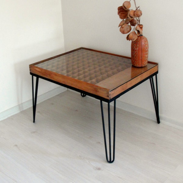 Collector's display Coffee Table, Letterpress Side table, End table with hairpin legs, Wooden Furniture, Typography Cabinet of Curiosity