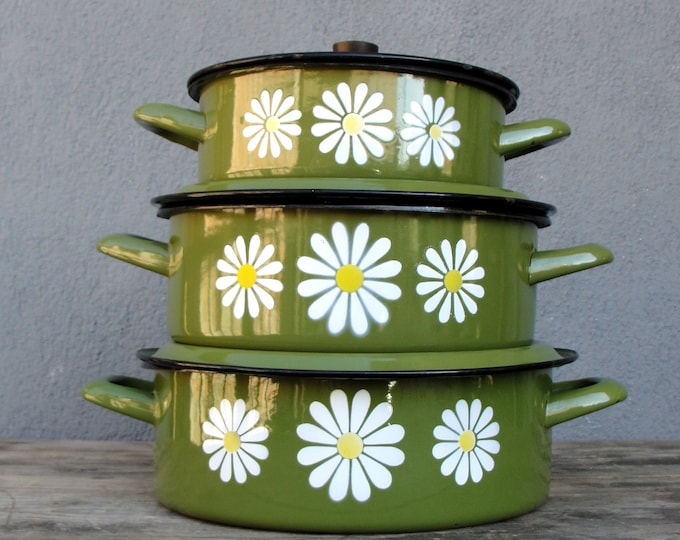 Vintage Enamel Green Cooking Pots, Daisies Pattern Enamelware Pans