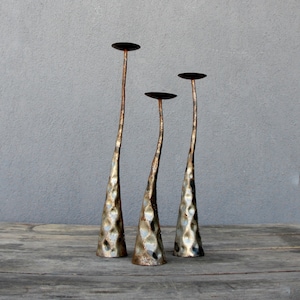 Vintage Brutalist Steel Candle Holders - MCM Hammered Torched Set