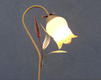 Table Flower Lamp, Handmade Glass Tole Desklamp,  Bedside Lighting, Floral Lamp, Vintage Tole Decor, Vintage 1980's
