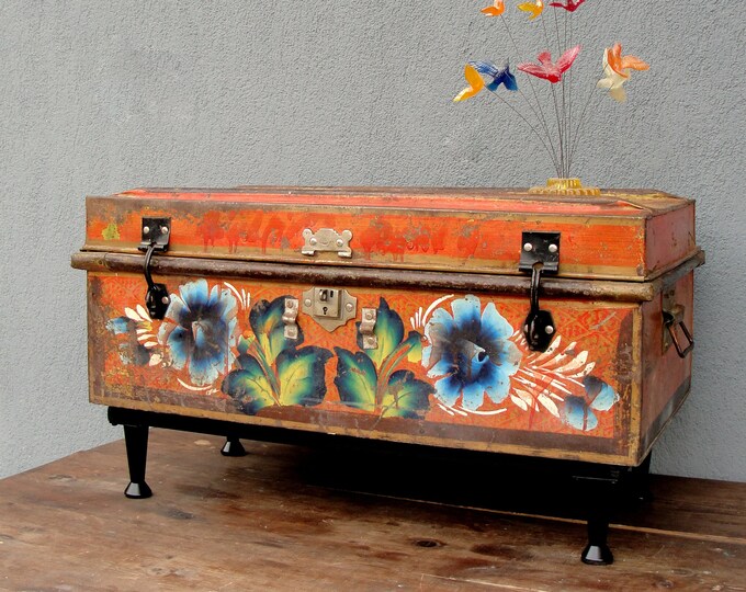 Vintage Trunk Coffee Table Floral End Table With Metal Legs Etsy