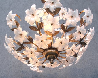 Murano bloemenlamp, witte koperen kroonluchter, plafondlamp, kroonluchterlamp, vintage handgemaakte glazen lamp uit de jaren 70