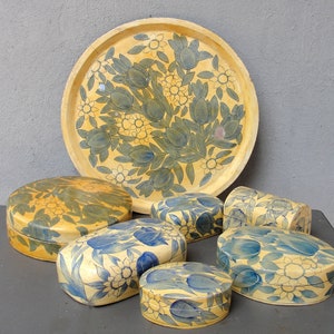 Floral Wooden Boxes, Set of Boxes with Tray, Wooden Trinket Box, 1980's, Wood Box, Delft Blue