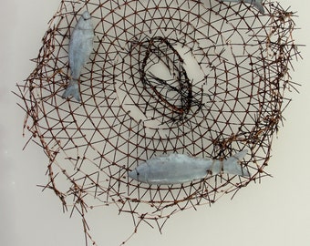 Ghost Net Art Installation, Fishing Net, Abstract Art, Beach Finds Installation - Fish Net, Rust - Wall Hanging