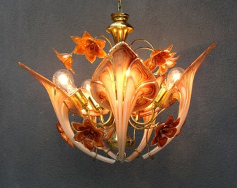 Murano Bouquet Lamp, Glass Floral Lamp, Orange Brass chandelier, Ceiling Light, Chandelier Lamp,  Vintage Handmade Glass Lamp 1960s