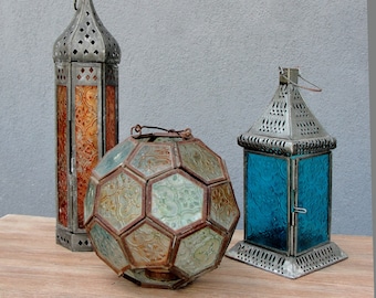 Colored Glass Lanterns, Soldered Lanterns, Glass Lanterns lamp, Vintage Candle Holders Lighting, Lamp 1970s - 1980s