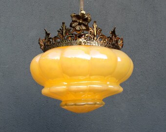 Yellow Glass Ceiling Lamp, Brass chandelier, Ceiling Light, Chandelier Lamp,  Vintage Colonial Lamp 1950s