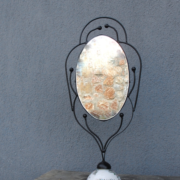 Black Midcentury Mirror, Vintage Table Mirror, Iron and Porcelain Mid century Modern Mirror, 1950's, Black Table Mirror