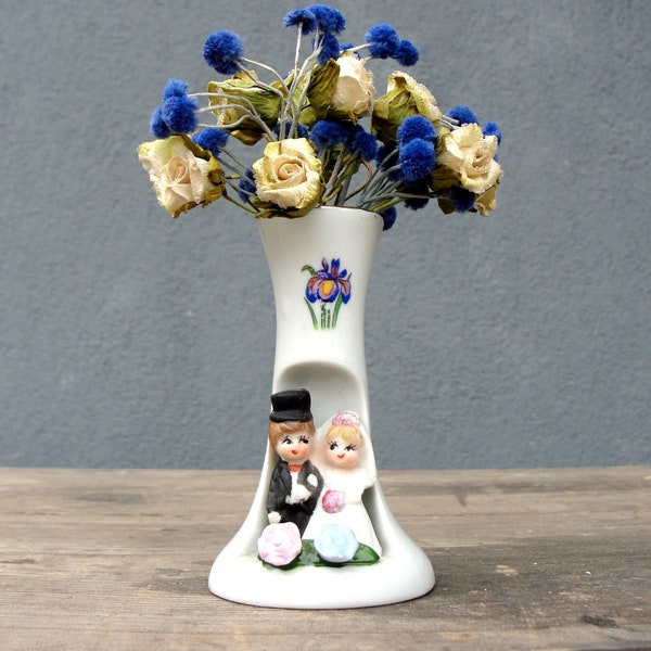 Vintage Korean Cake topper Vase, Bride and Groom, Blossoms, Wedding vase, Porcelain, Hand Painted in Korea, Vintage  1970s