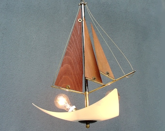 Sailboat Ceiling Light, Nautical Ship Light Lamp, Boat Lamp,  Lighting, Vintage Brass, Glass and Wood Decor, Vintage 1960's