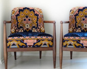 Midcentury Embroidery Chairs, Two Armchairs Bohemian Flowers and Woodwork Bohemian Furniture Vintage Embroidery, Global Textile