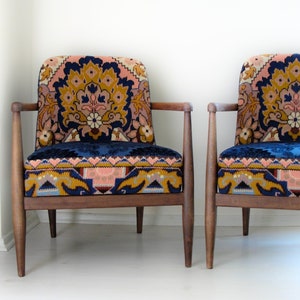 Midcentury Embroidery Chairs, Two Armchairs Bohemian Flowers and Woodwork Bohemian Furniture Vintage Embroidery, Global Textile