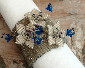 Beaded Napkin Ring Holders, set of 6, Beadwork Flowers, Coastal Table ware