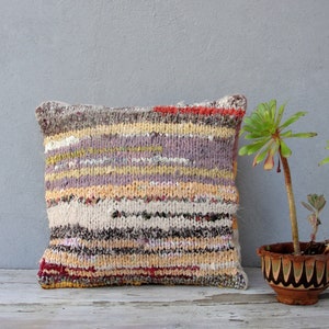 Hand Knitted Pillow Cushion, Zero Waste Pillow, Eco Friendly, Couch Cushion, Global Textile 16 X 16 inches, Beige, pink, brown, yellow