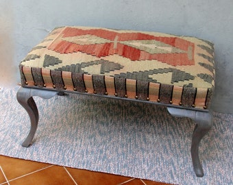 Kilim Ottoman, Queen Anne Legs, Gray and Coral Kilim Pouf Bohemian Wooden Furniture Vintage Kilim Hand woven, Global Textile, Furniture