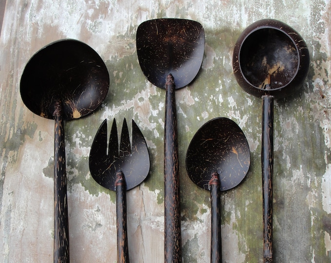 Vintage Wooden Serving Utensils Coconut Wood Spoons and Fork Etsy