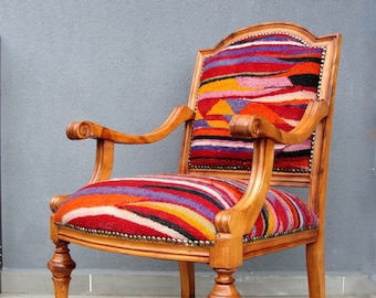 Crazy Kilim Chair, Handmade Wooden Armchair Bohemian Kilim and Woodwork Furniture Vintage Furniture