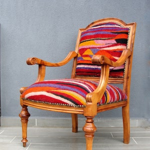 Crazy Kilim Chair, Handmade Wooden Armchair Bohemian Kilim and Woodwork Furniture Vintage Furniture