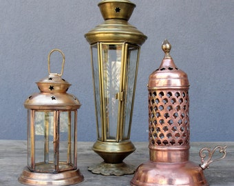 Brass Lanterns, Etched Glass, Glass Lanterns lamp, Vintage Candle Holders Lighting, Lamp 1940s - 1950s