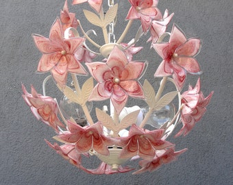 Glass Floral Lamp, Pink Murano chandelier, Ceiling Light, Chandelier Lamp,  Vintage Handmade Glass Lamp 1970s