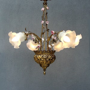 Art Nouveau Lamp, Brass Floral chandelier, Ceiling Light, Chandelier Lamp,  Vintage Colonial Lamp 1930s