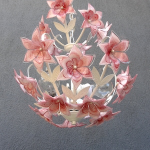 Blumen Lampe, Rosa Murano Kronleuchter, Deckenleuchte, Kronleuchter Lampe, Vintage handgefertigte Glaslampe 1970er Jahre