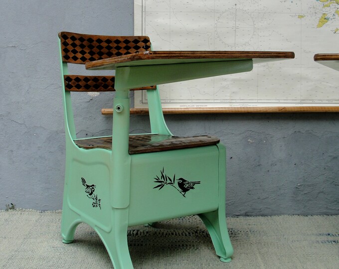 Vintage Metal School Desk and Chair, Midcentury, Chalk Board, Small
