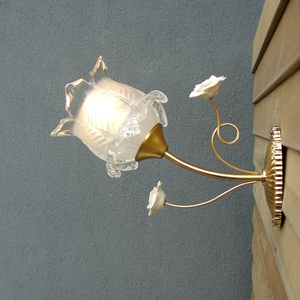 Floral Murano Sconce, Murano Glass,  Porcelain Flowers Lamp, Vintage Brass Wall Light,  1970s Sconce,  Lighting, Vintage Brass Decor