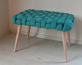 Knitted Ottoman Bench, Woven Knot Pouf Bohemian Wooden Furniture Hand woven, Minty Green Statement Furniture