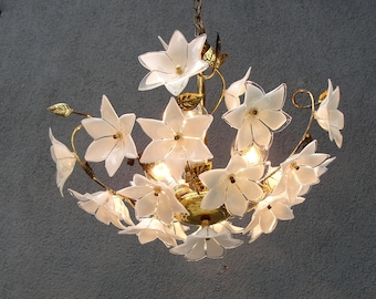 Murano Floral Lamp, White Brass chandelier, Ceiling Light, Chandelier Lamp,  Vintage Handmade Glass Lamp 1970s