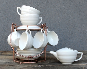 Art Deco Coffee and Tea cups, Copper Rack Caddy, made in Spain, porcelain and copper, Vintage  1930s