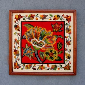 Vintage Needlepoint Embroidery, Framed Textile Art Floral Embroidery Home Decor 1970s