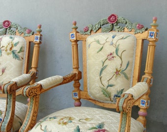 Floral Embroidered Chair, Handcarved Wooden Armchair Bohemian Flowers and Woodwork Furniture Vintage Embroidery, Hand painted Details